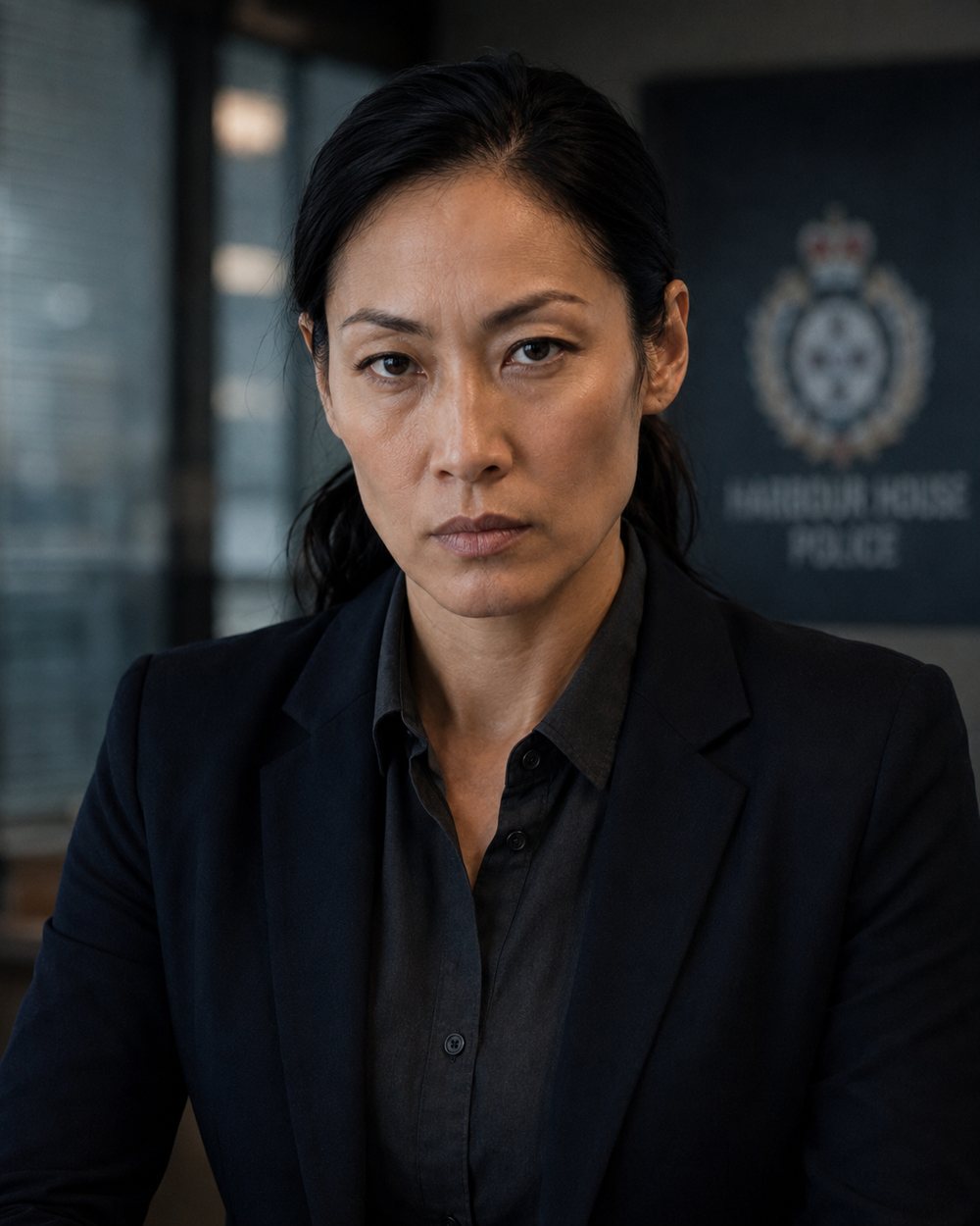 Detective Sergeant Gia Chen with a stern, grounded expression in a professional setting.