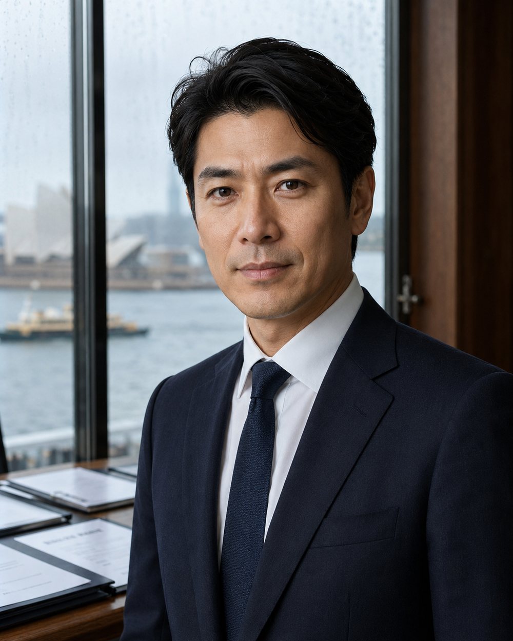 Hiro Tanaka in a tailored dark suit beside a rain-lit harbour window.