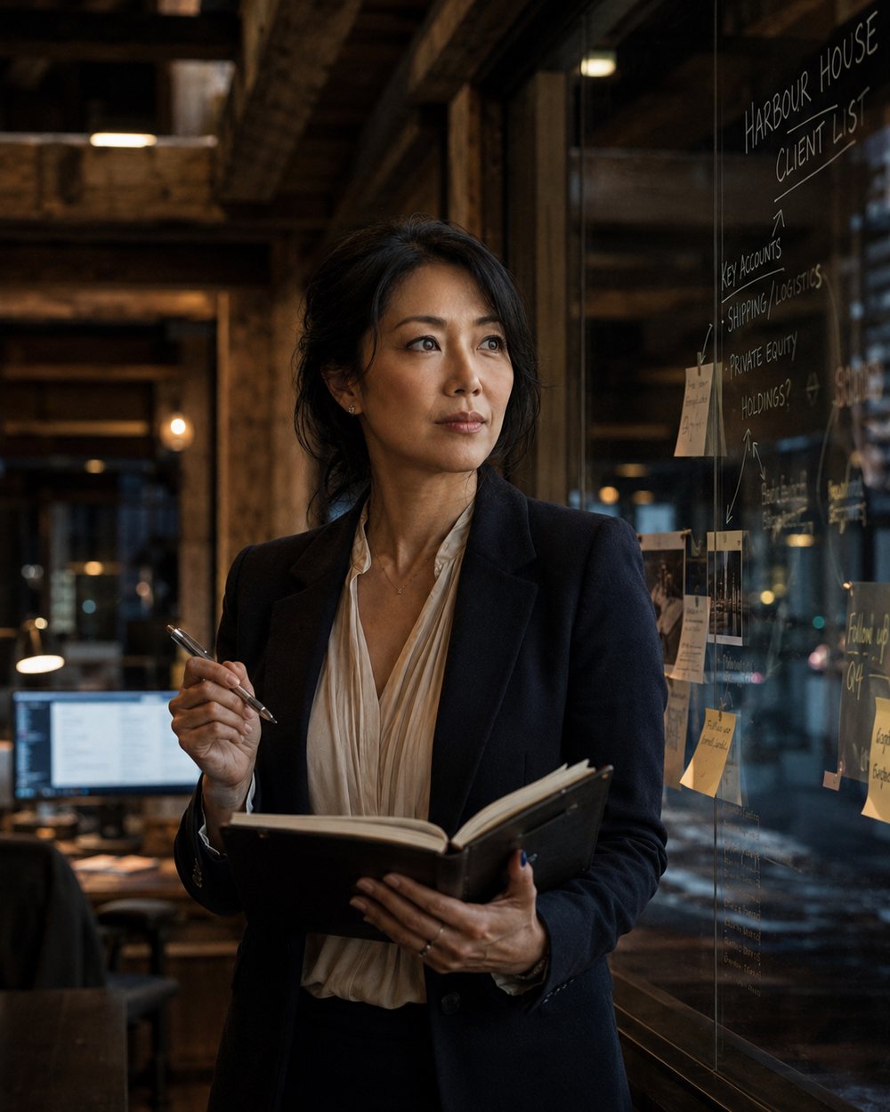 Mara Kuroda standing inside a rain-lit Harbour House workspace with notebook in hand.