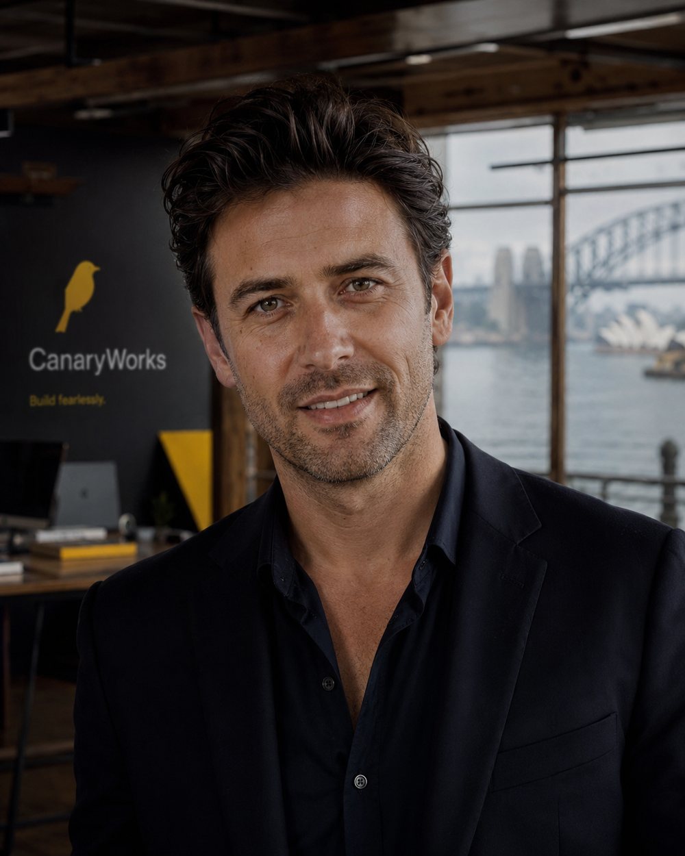 Nate Hargreaves, polished CanaryWorks founder, with harbour and company branding behind him.