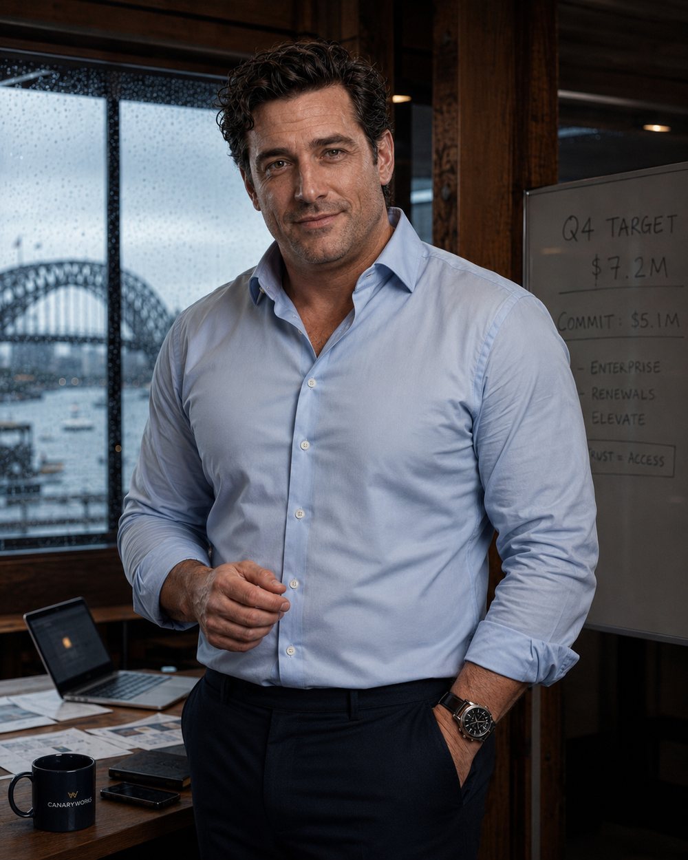 Tom Rayner in a light blue shirt inside a rain-lit CanaryWorks office.