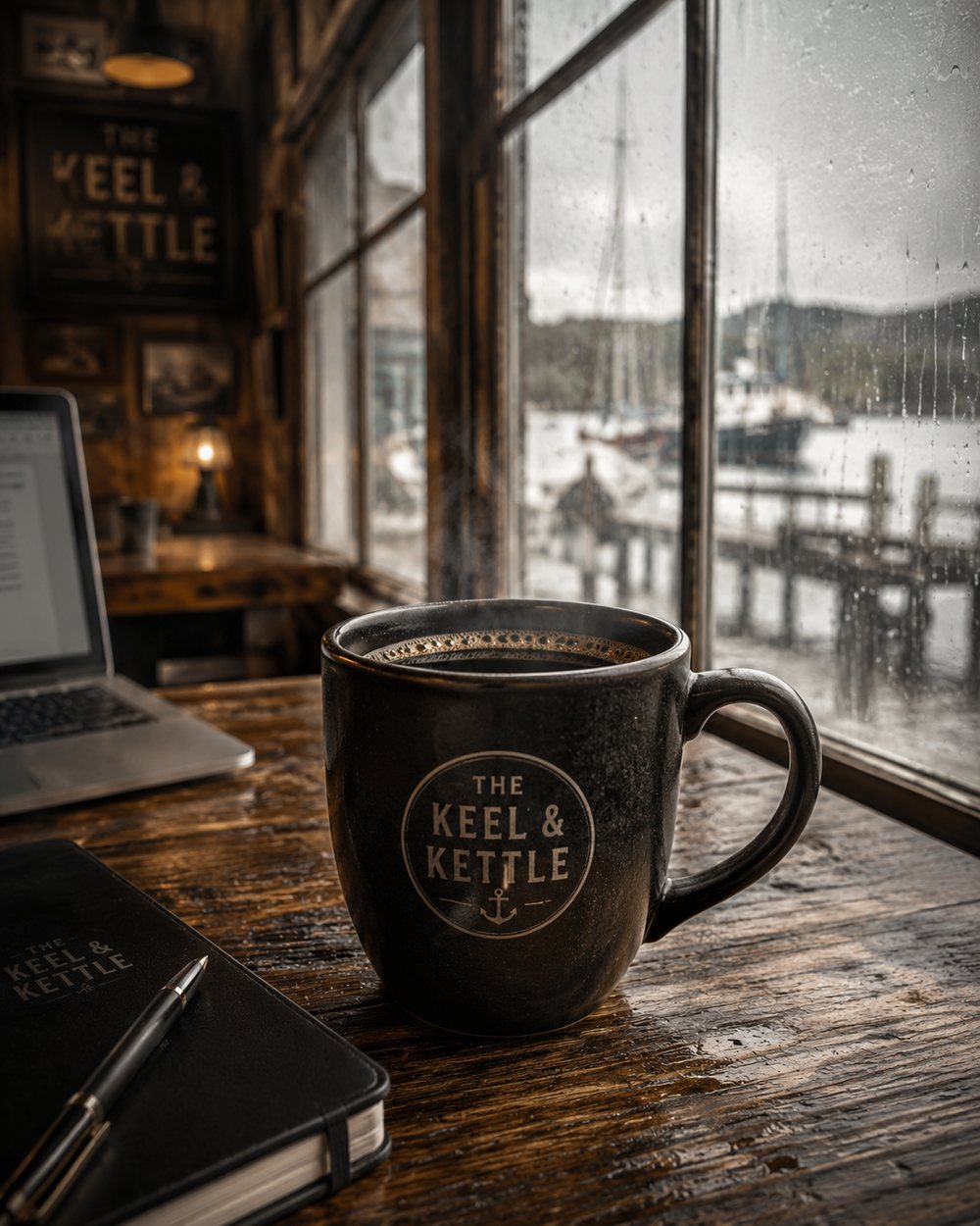 A long black coffee at The Keel and Kettle beside a rain-streaked harbour window.