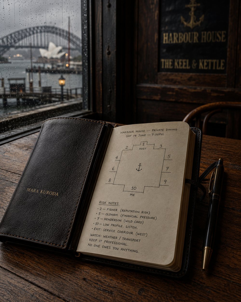 Mara Kuroda's dark notebook and pen open on a cafe table.