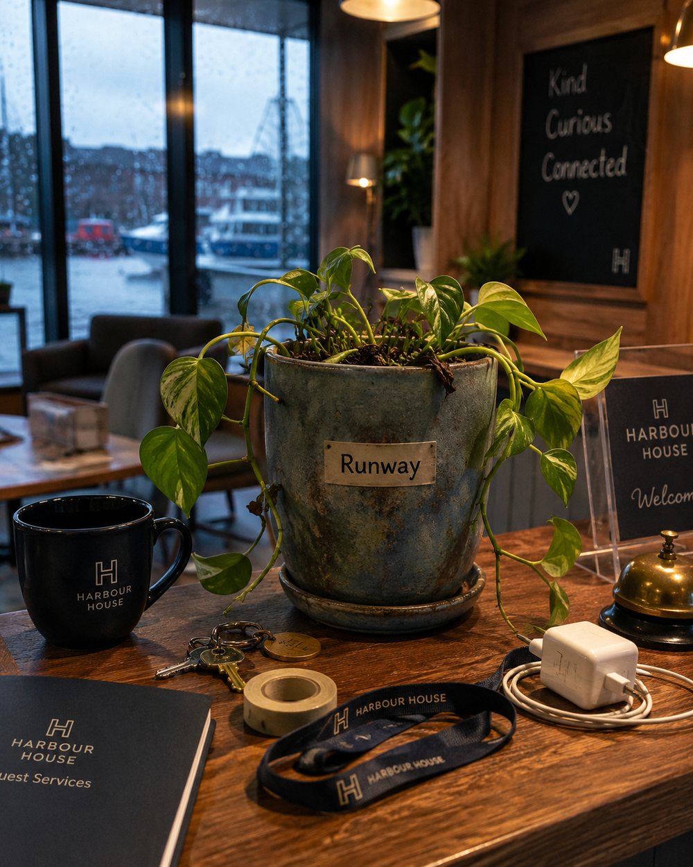 Pip's Runway plant on a Harbour House reception desk with keys, tape, and coffee.