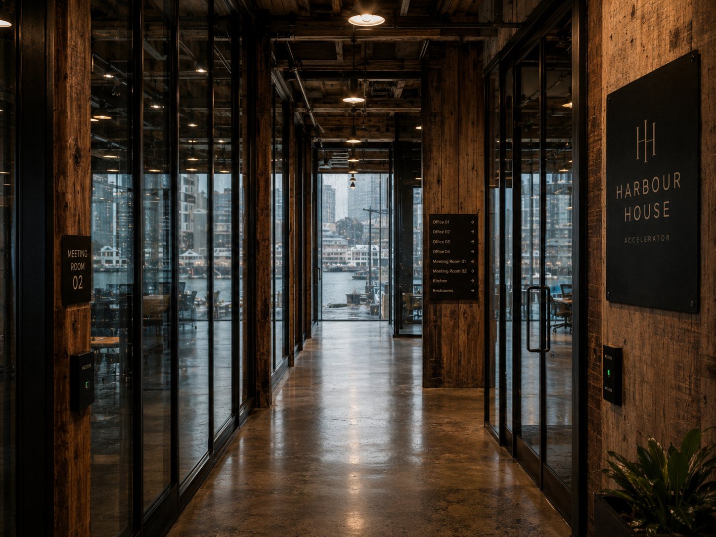 Rain-lit glass corridor at Harbour House with access panels and harbour reflections.