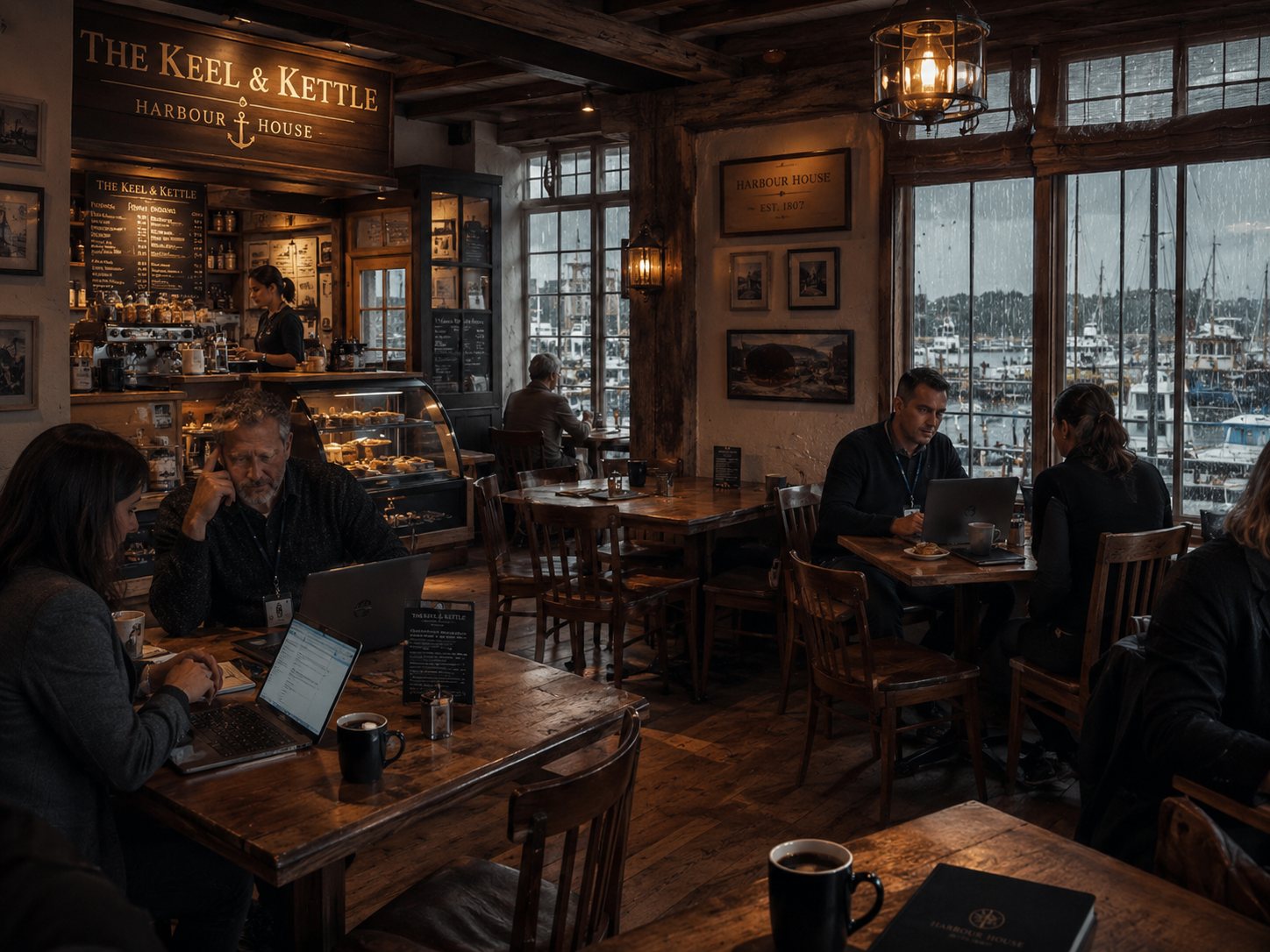 The Keel and Kettle cafe interior with warm timber, harbour rain, and laptop tables.